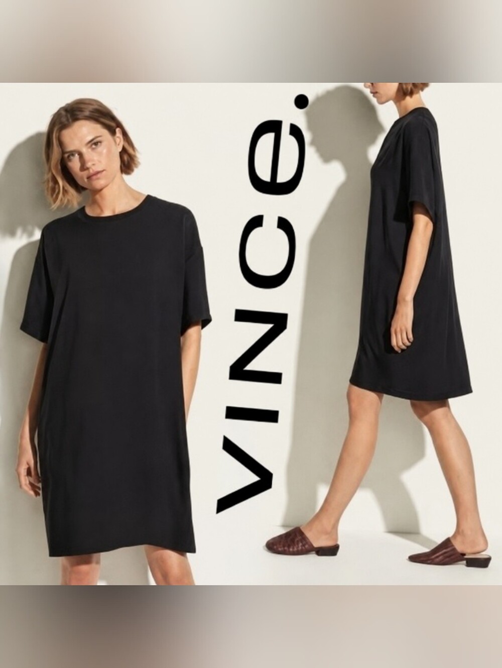 Vince Rib Trim Shift Dress Black XS Crew Neck Short Sleeve Minimalist